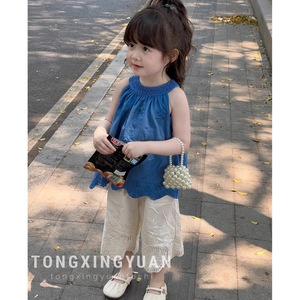 Girls Summer Outfit Set Lace Pants Hollow-Out Halter Top Cotton Casual Wear For Kids - Product Image 1