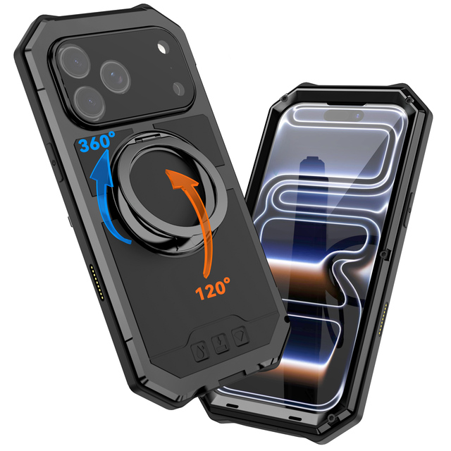 Rugged Aluminum Armor Shockproof Waterproof Phone Case Magnetic Ring Holder Kickstand Wireless Charge Screen Protector for
