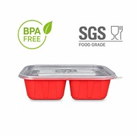 Conteneur alimentaire rectangulaire jetable rouge transparent sans BPA, recyclable, 550 ml, double paroi, couvercle anti-fuite, compatible micro-ondes pour le déjeuner