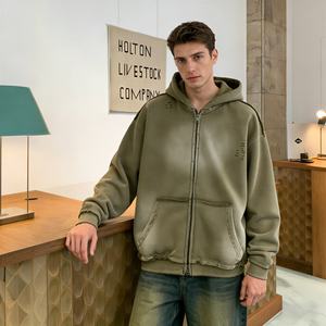 Sudadera con Capucha de Algodón Grueso para Hombre, con Doble Cremallera, Estilo Vintage, Ajuste Holgado, Lavado Ácido, Precio Bajo, Proveedor de Moda - Product Image 1