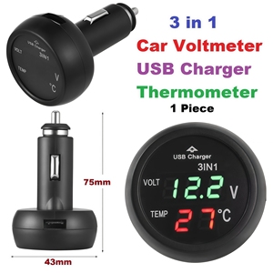 Moniteur de batterie de voiture 3-en-1 : Voltmètre numérique LED, Port de charge USB et Thermomètre, Adaptateur allume-cigare USB - Product Image 2