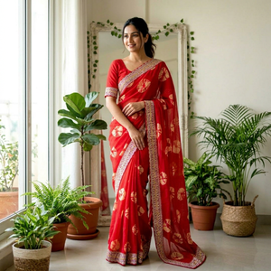Elegante Saree Rojo de Chifón con Estampado Floral Dorado, Traje Tradicional de Boda para Mujer, Largo hasta el Suelo, Corte Regular, Estilo India Pakistán NiMa - Product Image 1