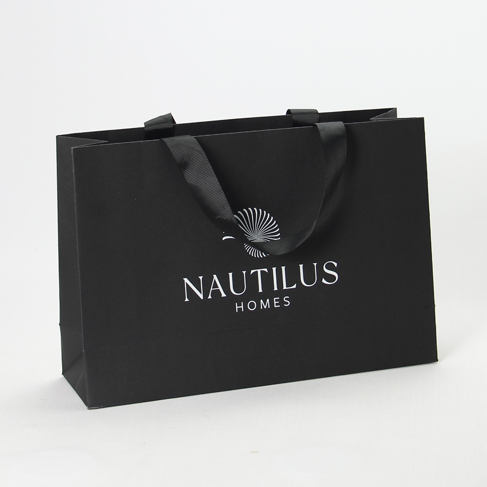 Custom Personalized Printed Brand Logo Black Luxury Laminated Gift Clothing Dresses Retail Shopping Paper Bag With Ribbon Handle
