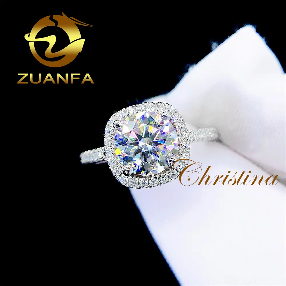 Zuanfa Moissan ite Jewelry Pure 14 Karat Weißgold 2,5 CT runder Diamant im Brillant schliff Halo Moissan ite Verlobung diamantring