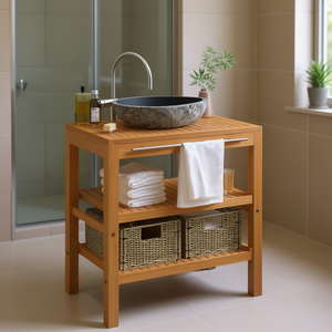 Solid Teak <b>Bathroom</b> Vanity <b>Cabinet</b> With Riverstone Sink 32-34 In Rustic Style <b>Floor</b> <b>Standing</b> - Product Image 2