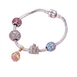 Silver Plated Charm <b>Bracelet</b> With Crystal <b>Beads</b> And Building Pendant For Women Classic Style Gift Jewelry - Product Image 4