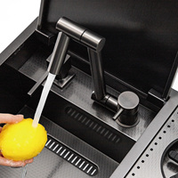 Évier de bar moderne multifonctionnel intelligent en acier inoxydable 304 nano noir à bol unique avec robinet, design dissimulé