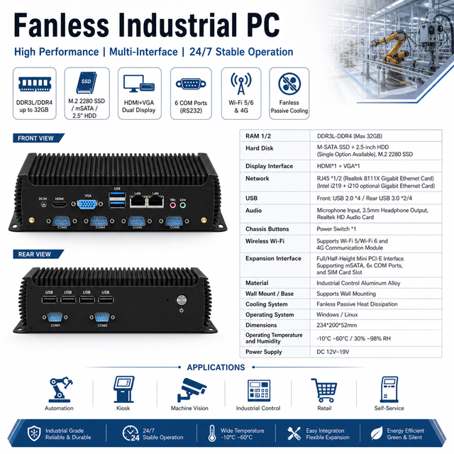 New Intel 12th Cpu Oem Fanless 2 * Gigabit Lan Ports 16G DDR4+512Gb RAM Intel Fanless Industrial PC Windows /Linux Os Mini Pc