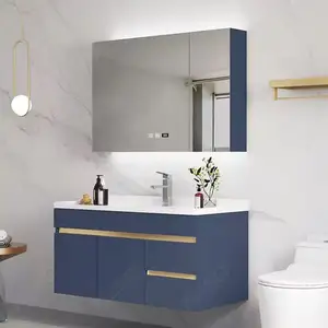 Moderne Europese Blauwe Gouden Ontwerp Muurmontage Badkamer Ijdelheid Kast Wastafel Set Waterdichte Badkamer Wastafel Kast