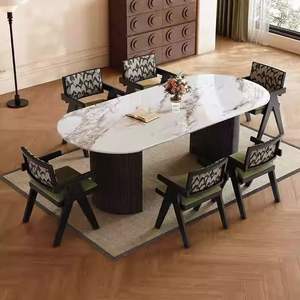 Mesa de comedor ovalada de mediados de siglo, mesa de Base de columna <span class=keywords><strong>romana</strong></span> Vintage, losa de piedra, mesa de cocina de estilo Retro para el hogar, cafetería, restaurante - Product Image 1