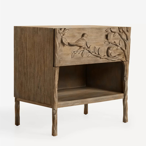 American Country-style Solid Wood Carved Bird Branch Nightstand, Vintage Distressed Single Drawer Open Storage <strong>Bedside</strong> <strong>Table</strong> - Product Image 2