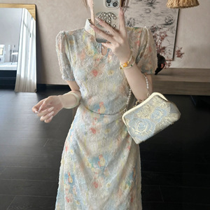 Chinese Style Floral Print Cheongsam Dress For Women Mandarin Collar Natural Waistline Light Elegant Dress Leisure Banquet Wear - Product Image 1