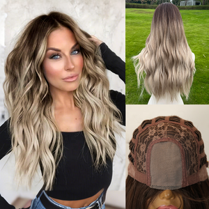 Peluca Ondulada Degradada Marrón a Dorado <span class=keywords><strong>Grisáceo</strong></span> Smilco 2026 de Gran Venta, Pequeñas Ondas Rizadas con Encaje Frontal, 24 Pulgadas SM179-5 - Product Image 1