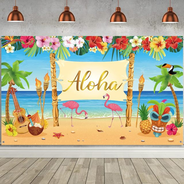 Hawaiian Aloha Party Decoration Summer Luau Beach Party Banner Backdrop Tropical Tiki Background Photography Birthday Musical