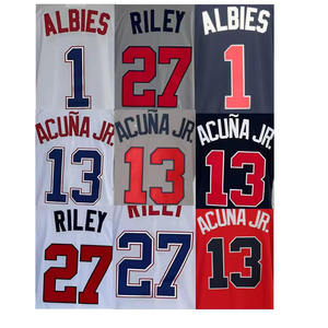 Hommes 1 Ozzie Albies <span class=keywords><strong>13</strong></span> Acuna JR 27 Austin Riley Vente en gros Maillot de baseball brodé Maillot respirant grande taille Chemises - Product Image 1