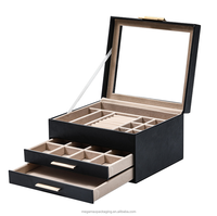 Boîte à bijoux en cuir PU améliorée, ensemble de velours, boîte de rangement pour bijoux avec fenêtre en verre pour bagues, colliers, bracelets