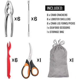 Набор инструментов для морепродуктов из 19 предметов включает в себя 6 крекеров-крабов 6 лобстеров 6 вилок/медиаторов для ног крабов 1 ножницы для морепродуктов и сумка для хранения