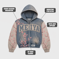 Sweat à capuche zippé bleu personnalisé 480 GSM pour homme, avec sublimation motif fleur de cerisier, appliqué lettres en strass et lettres en relief, coupe oversize pour le streetwear