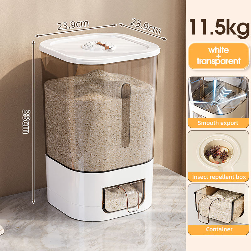 Blanc, capacité de 11,5 kg de riz. Blanc + Transparent.