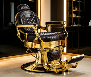 Fauteuil de coiffure hydraulique inclinable en cuir matelassé avec cadre en métal doré rétro haut de gamme - Product Image 4