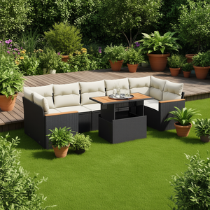 Ensemble de canapés de jardin en rotin noir avec coussins crème, mobilier d'extérieur au design contemporain, résistant à l'eau et aux UV, en rotin PE - Product Image 2