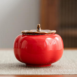 Ceramic Tea Caddy Airtight Container Wedding Candy <b>Box</b> Persimmon Shape <b>Red</b> Double Happiness Design Gift Jar - Product Image 2