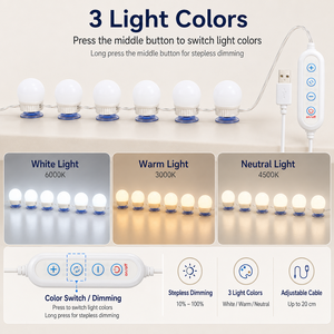 LED Vanity Mirror <b>Lights</b> Kit 6 Bulbs USB Powered Makeup Mirror Lamp with 3 Color Lighting Stepless Brightness Adjustable - Product Image 3
