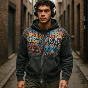 OEM Définition Impression Numérique Style Hip Hop Hommes Streetwear Surdimensionné 400 Gsm Poids Lourd Vintage Full Zip Up Sweat à Capuche - Product Image 2