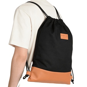 Sac à dos écologique à cordon de serrage en toile de coton décontracté avec base en tissu imitation bois pour le shopping, les voyages et la gym - Product Image 1