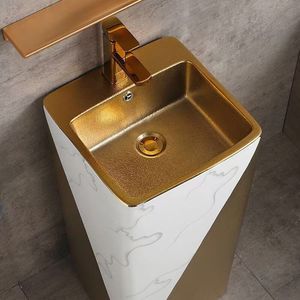 Lavabo a colonna autoportante interamente placcato oro, moderno e minimalista, con lavabo in ceramica integrato monoblocco, a foro singolo, stile rustico per bagno - Product Image 3