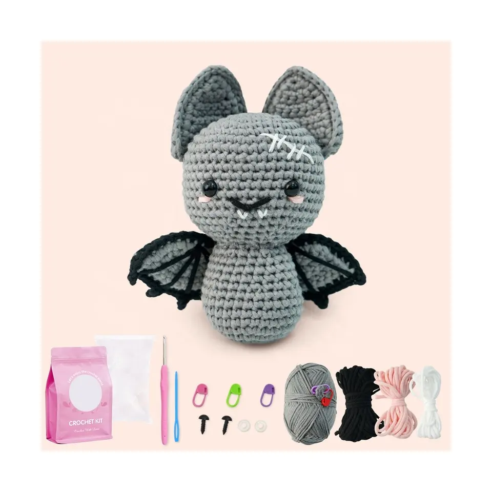 Kit de ganchos e acessórios para iniciantes, crochê de aprendizagem, morcego Amigurumi de pelúcia, material de Halloween, acessórios DIY