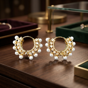Boucles d'oreilles clous tendance en laiton, forme personnalisée, serties de perles de nacre multicolores et de pierres Kundan, finition argent oxydé, pour femme - Product Image 2
