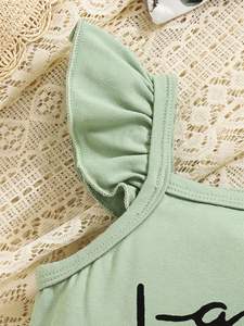 Abbigliamento Estivo per Bambina, Set <span class=keywords><strong>2</strong></span> Pezzi in Morbido Cotone con Maglietta con Scritta e Pantaloni Lunghi con Stampa Floreale, Maniche a Volant - Product Image 2