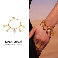 Bracelet polyvalent en acier inoxydable plaqué or avec breloque roue de Ferris DIY, motif ours de dessin animé et zircon, bijoux de niche tendance