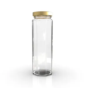 広口大型ハニージャーガラスジュース用ゴールド蓋付きのユニークな六角形のジャムガラス瓶