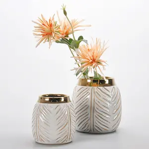 Home indoor decor leaf texture design white and gold modern ceramic flower vase