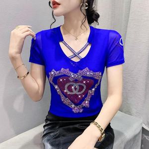 Femmes coeur imprimé strass brillant paillettes entrecroisé maille vêtements <span class=keywords><strong>Rock</strong></span> Tee hauts discothèque à manches courtes chemises fête T-shirt - Product Image 2