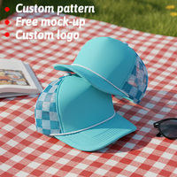 Topi Trucker Kotak-kotak Bermotif Cetak Busa 5 Panel Berkualitas Tinggi Warna Hijau Mint Tren Musim Semi dengan Tali