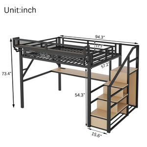 Metal Loft <b>Bed</b> with Desk and <b>Storage</b> Shelves Heavy Duty Freestanding Epoxy Coated <b>Black</b> Frame 4 Tier Grid Shelving Unit - Product Image 5