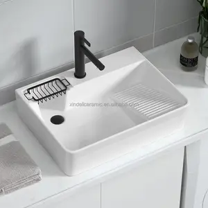 Factory Direct Selling Ceramic Washing Machine Rectangular Countertop Laundry Basin Side Drain Sink Washbasin with Washboard