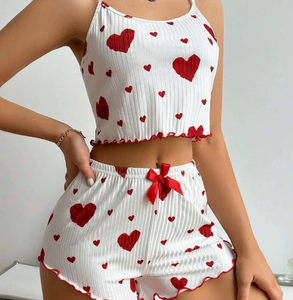 Pijamas Blancos Sexys de Verano de Alta Calidad con Estampado de Corazones, Camiseta y Pantalones Cortos, Conjunto de <span class=keywords><strong>Pijama</strong></span> Sexy de 2 Piezas para Mujer - Product Image 6