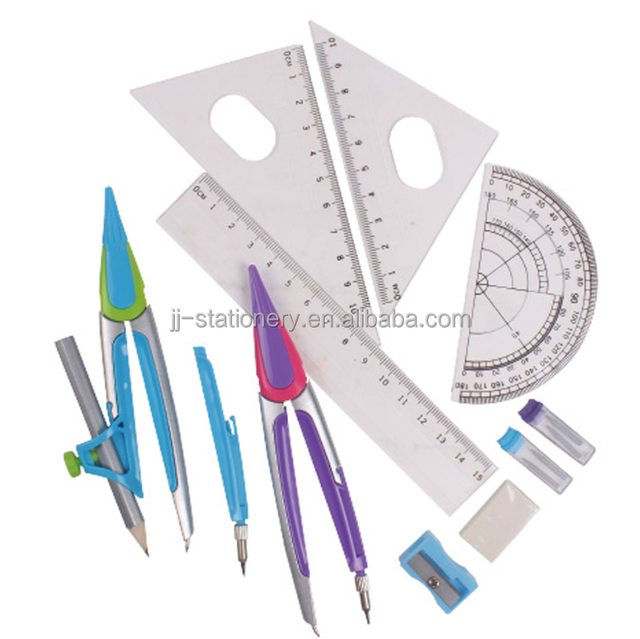 Math Geometry Kit Multi Functional Drawing Compasses 9PCS Set School Students Safety Metal Compass Set