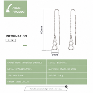 Boucles d'oreilles pendantes en acier inoxydable avec double cœur ouvert et longue chaîne, couleur acier - Product Image 2