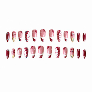 24 faux ongles à presser, motif floral bleu pailleté, strass, forme amande, imprimé léopard français, réutilisables, pour manucure DIY, idéal pour les fêtes - Product Image 3