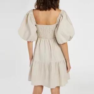 Vestido de Lino de Alta Calidad a Bajo Precio para Mujer, Estilo Ejecutivo, Cuello Cuadrado, Casual, Espalda Descubierta, Manga Abullonada, Mini Vestido de Verano para Dama - Product Image 3