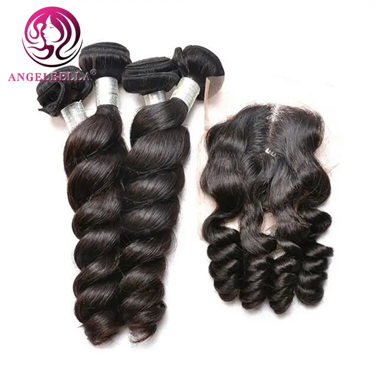 Paquetes de cabello AngelBella con cierre frontal de encaje Paquetes de cabello peruano con cierre Paquetes de mezcla de cabello humano con cierre