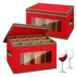 Christmas wine glass storage box with divider Tall glass storage box with lid and handle for glassware movement and protection