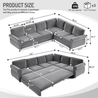 Canapé d'angle en forme de L de 118 pouces avec lit escamotable, canapé-lit convertible surdimensionné, canapés sectionnels rembourrés en chenille, gris clair