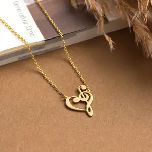 Groothandel Sierlijke Kleine Hart Muziek Noot Vrouwen Ketting Sieraden Roestvrij Staal Aanslag Gratis Hoge Bas Sleutel Hanger Ketting