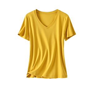 เสื้อยืดคอวีผ้าฝ้ายแขนสั้นสำหรับผู้หญิง สไตล์ลำลอง พิมพ์โลโก้ได้ - Product Image 1